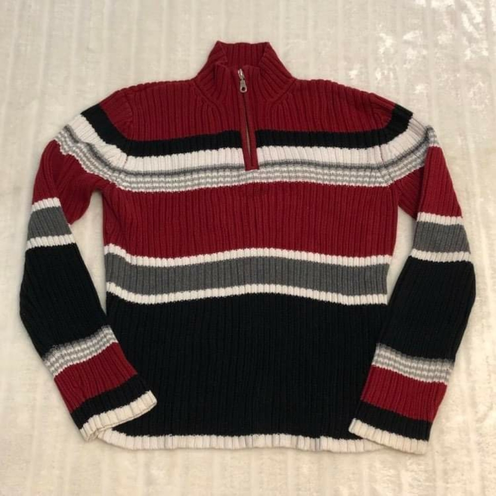 Red and Black Striped Half-Zip Ribbed Sweater - Women